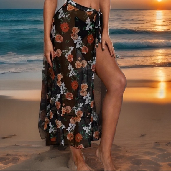 Beautiful Floral OSFM Open Up & Tie On Side Slit 4 Legs Swimsuit/Beach/Cover Up - Picture 3 of 9